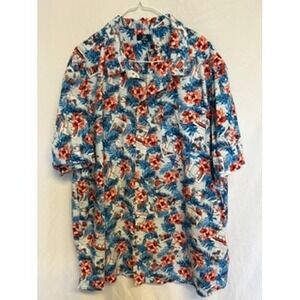 George Mens 3XL Hawaiian Shirt Button Up Red White Blue Tropical Postcard Print